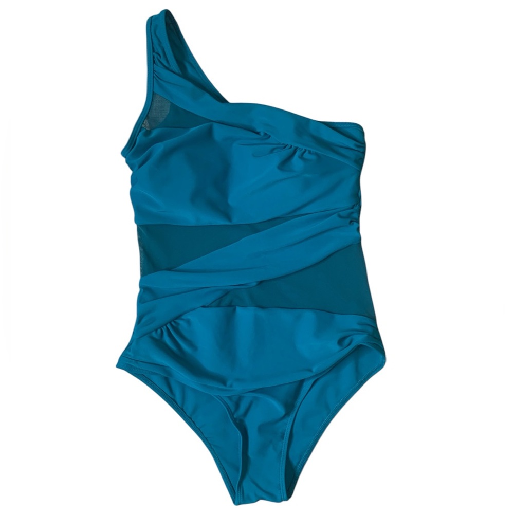 NWT RUNTLLY One Shoulder One Piece Swimsuit w/Mesh Cut-outs in Teal, Sz Medium